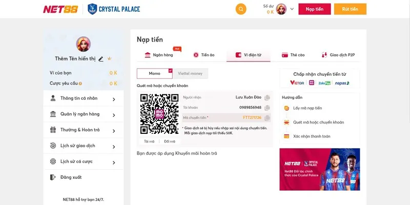 Hướng dẫn chi tiết cách nạp tiền vào tài khoản Net88