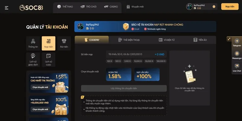 Các phương thức nạp tiền phổ biến tại SOC88