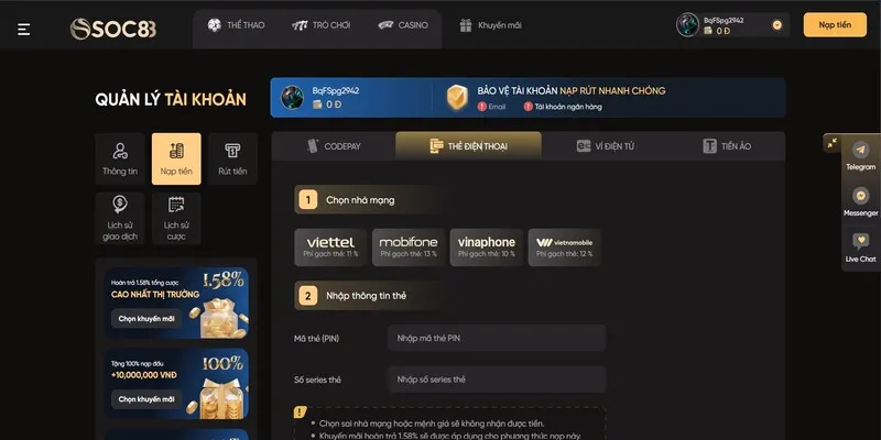 Những lưu ý khi thực hiện nạp tiền tại SOC88