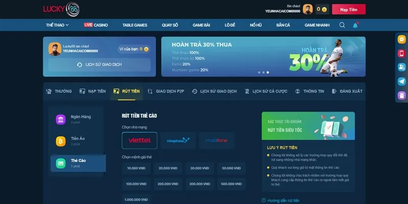 Hướng Dẫn Chi Tiết Các Cách Rút Tiền Lucky88