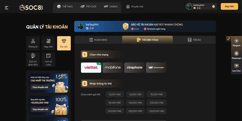Hướng Dẫn Rút Tiền SOC88 Qua Thẻ Cào Điện Thoại
