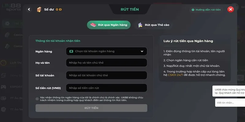 Hướng Dẫn Rút Tiền Qua Ngân Hàng Tại UK88